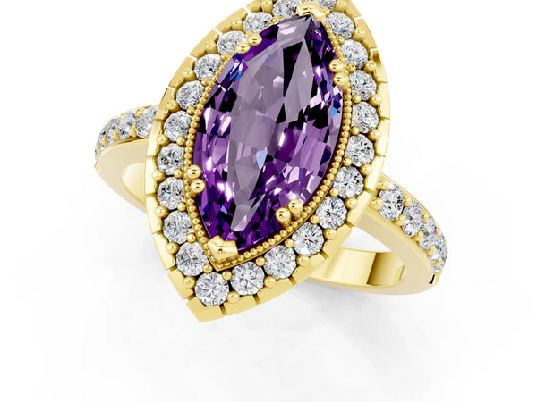 Yellow gold Marquise Cut Amethyst Halo Ring with Pavé Band and Prong Setting
