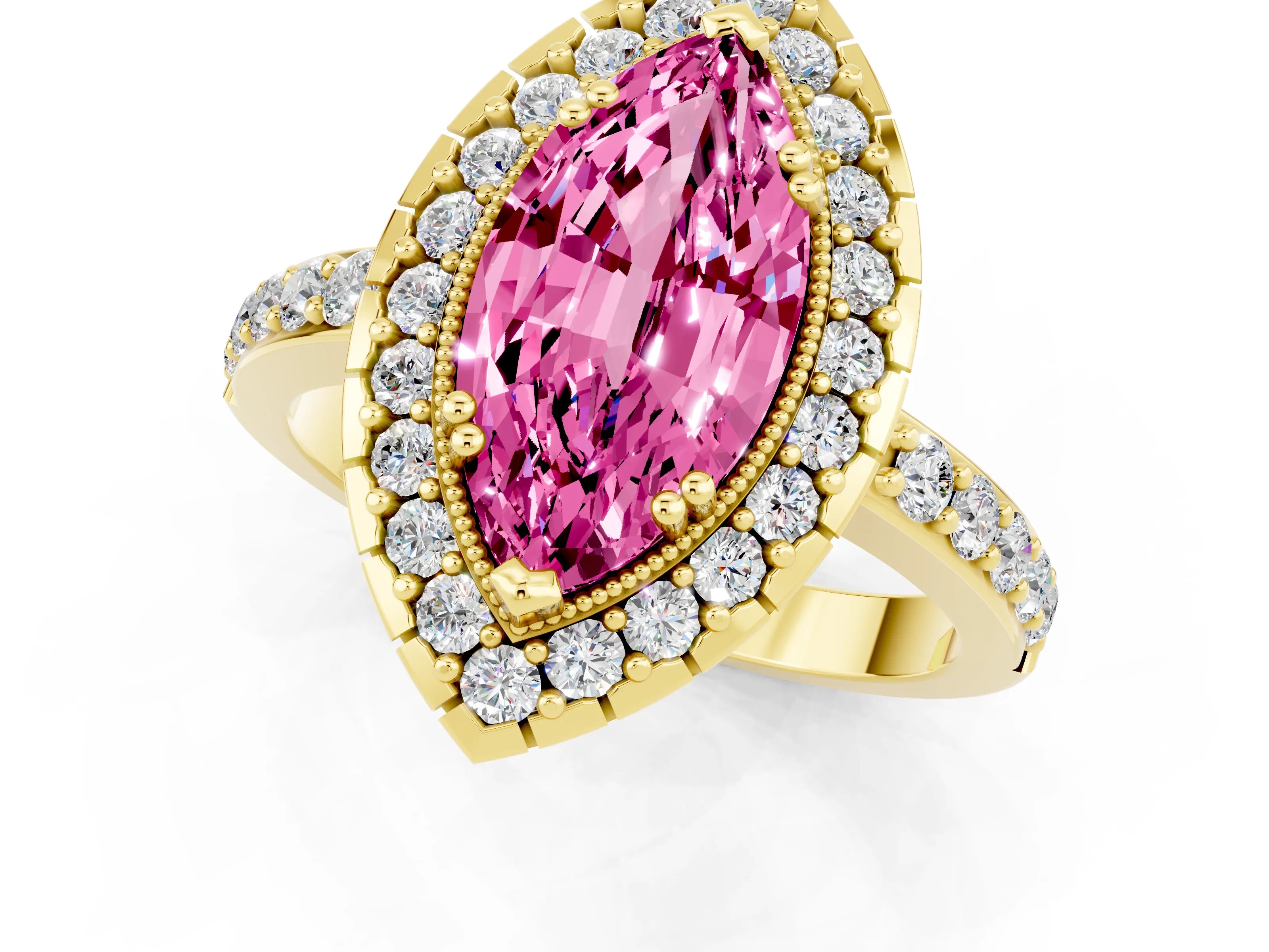 Yellow gold Marquise Cut Diamond Halo Ring with Pavé Band and Prong Setting_1