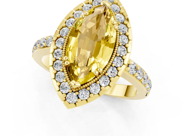Yellow gold Marquise Cut Yellow Sapphire Halo Ring with Pavé Band and Prong Setting
