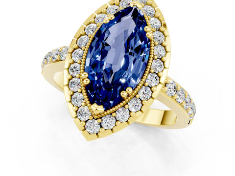 Yellow gold Marquise Cut Diamond Halo Ring with Pavé Band and Prong Setting_1