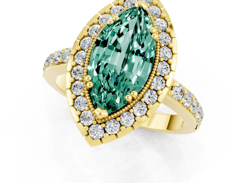 Yellow gold Marquise Cut Diamond Halo Ring with Pavé Band and Prong Setting_1