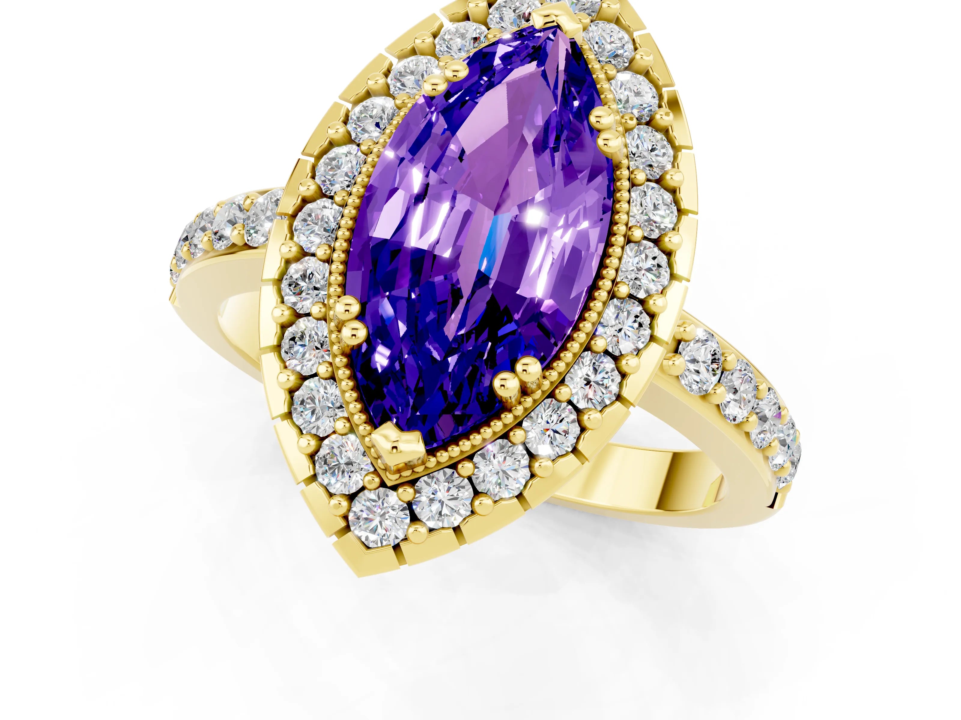 Yellow gold Marquise Cut Diamond Halo Ring with Pavé Band and Prong Setting_1