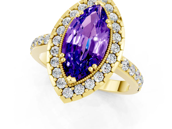 Yellow gold Marquise Cut Tanzanite Halo Ring with Pavé Band and Prong Setting