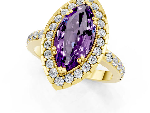 Yellow gold Marquise Cut Diamond Halo Ring with Pavé Band and Prong Setting_1