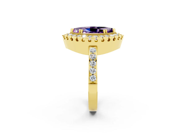 Yellow gold Marquise Cut Amethyst Halo Ring with Pavé Band and Prong Setting