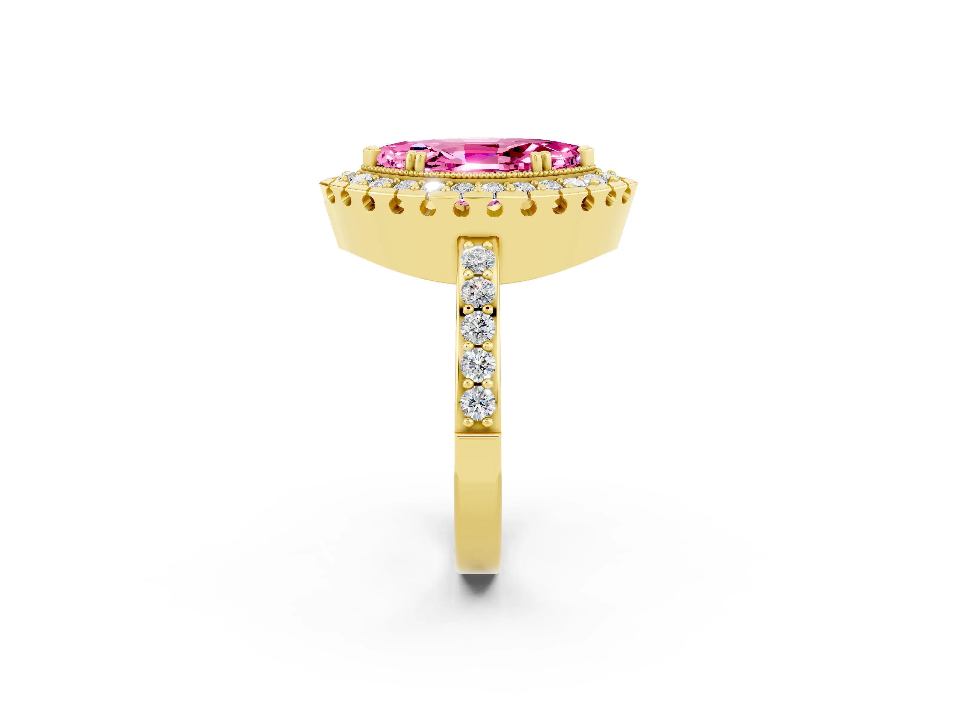 Yellow gold Marquise Cut Diamond Halo Ring with Pavé Band and Prong Setting_2