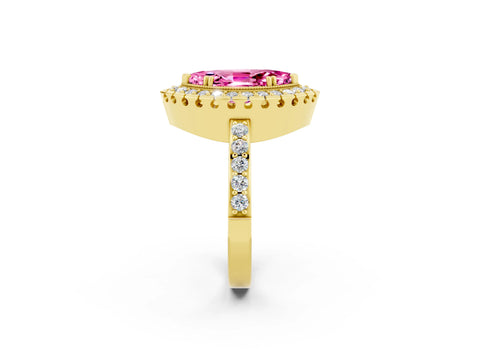 Yellow gold Marquise Cut Diamond Halo Ring with Pavé Band and Prong Setting_2