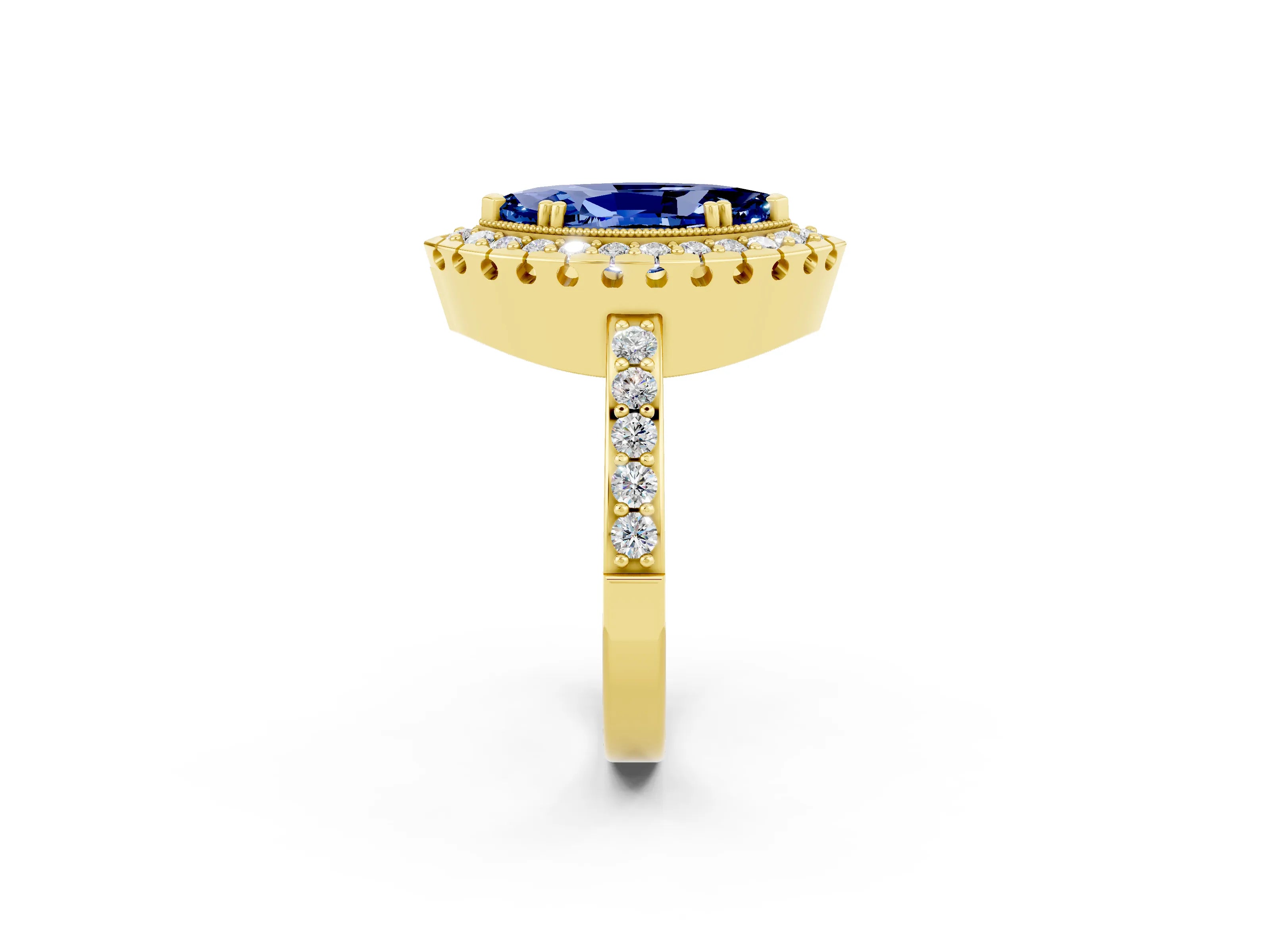 Yellow gold Marquise Cut Diamond Halo Ring with Pavé Band and Prong Setting_2