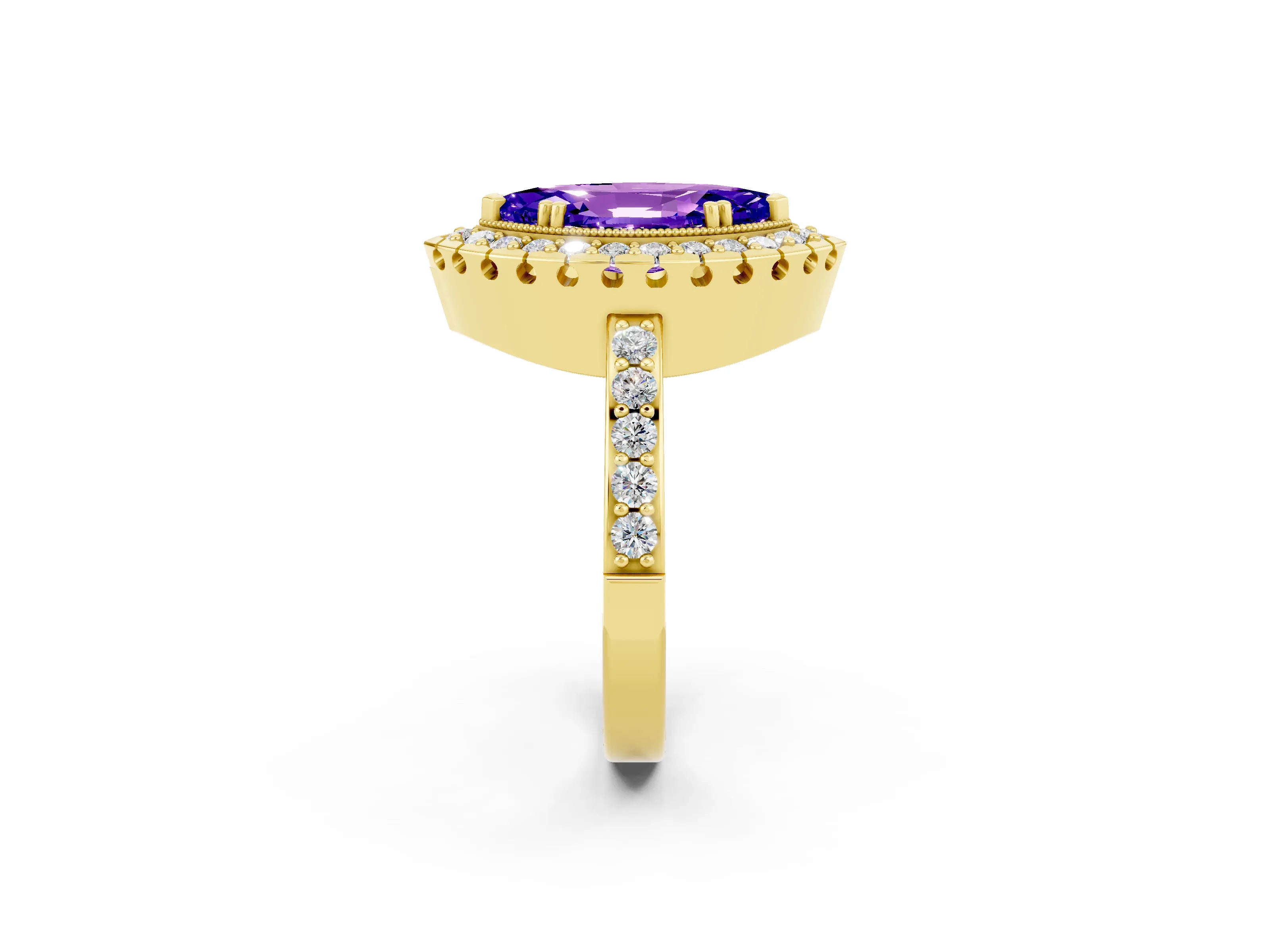 Yellow gold Marquise Cut Diamond Halo Ring with Pavé Band and Prong Setting_2