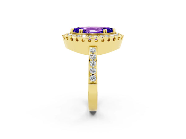 Yellow gold Marquise Cut Tanzanite Halo Ring with Pavé Band and Prong Setting