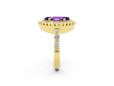 Yellow gold Marquise Cut Diamond Halo Ring with Pavé Band and Prong Setting_2