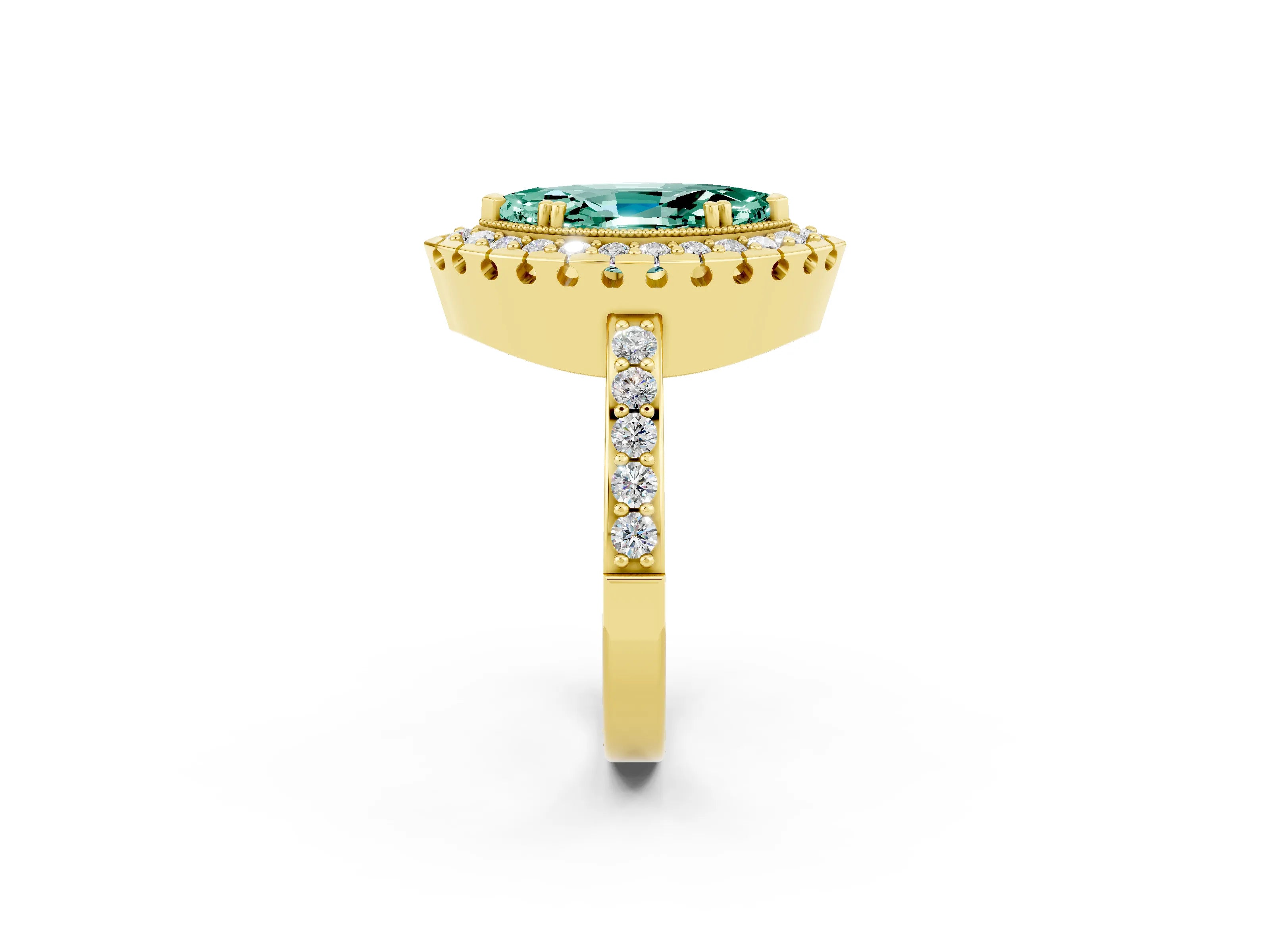 Yellow gold Marquise Cut Diamond Halo Ring with Pavé Band and Prong Setting_2