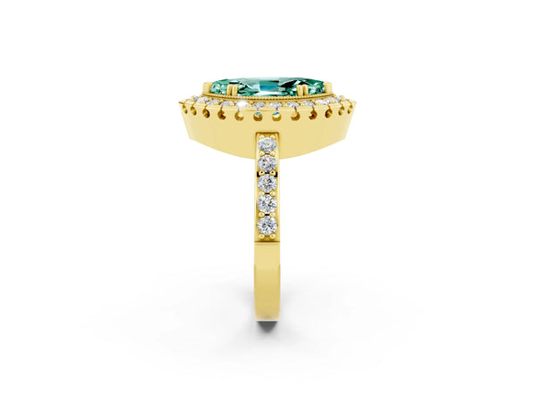 Yellow gold Marquise Cut Green Sapphire Halo Ring with Pavé Band and Prong Setting