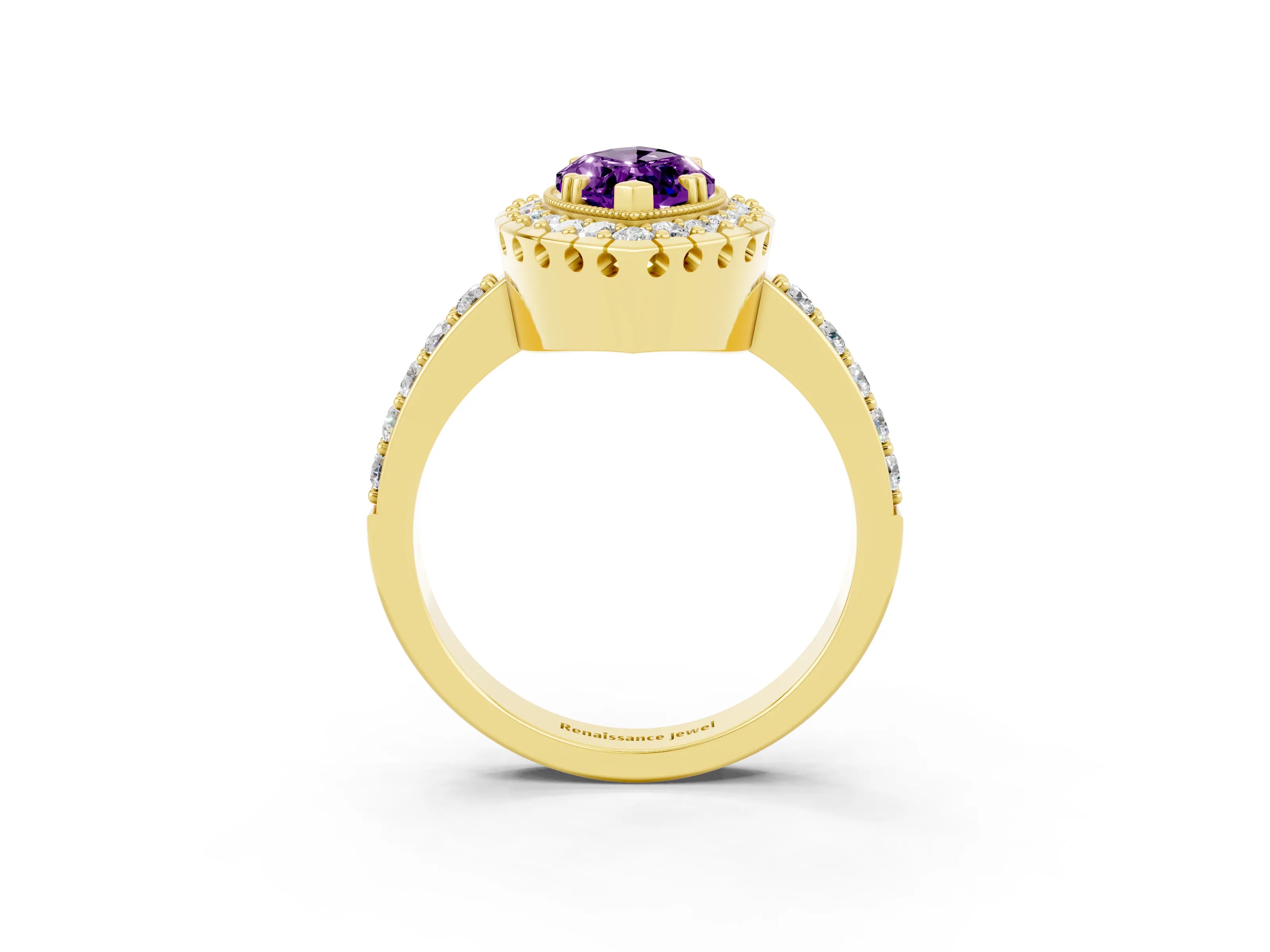 Yellow gold Marquise Cut Diamond Halo Ring with Pavé Band and Prong Setting_3
