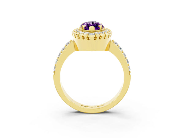 Yellow gold Marquise Cut Amethyst Halo Ring with Pavé Band and Prong Setting