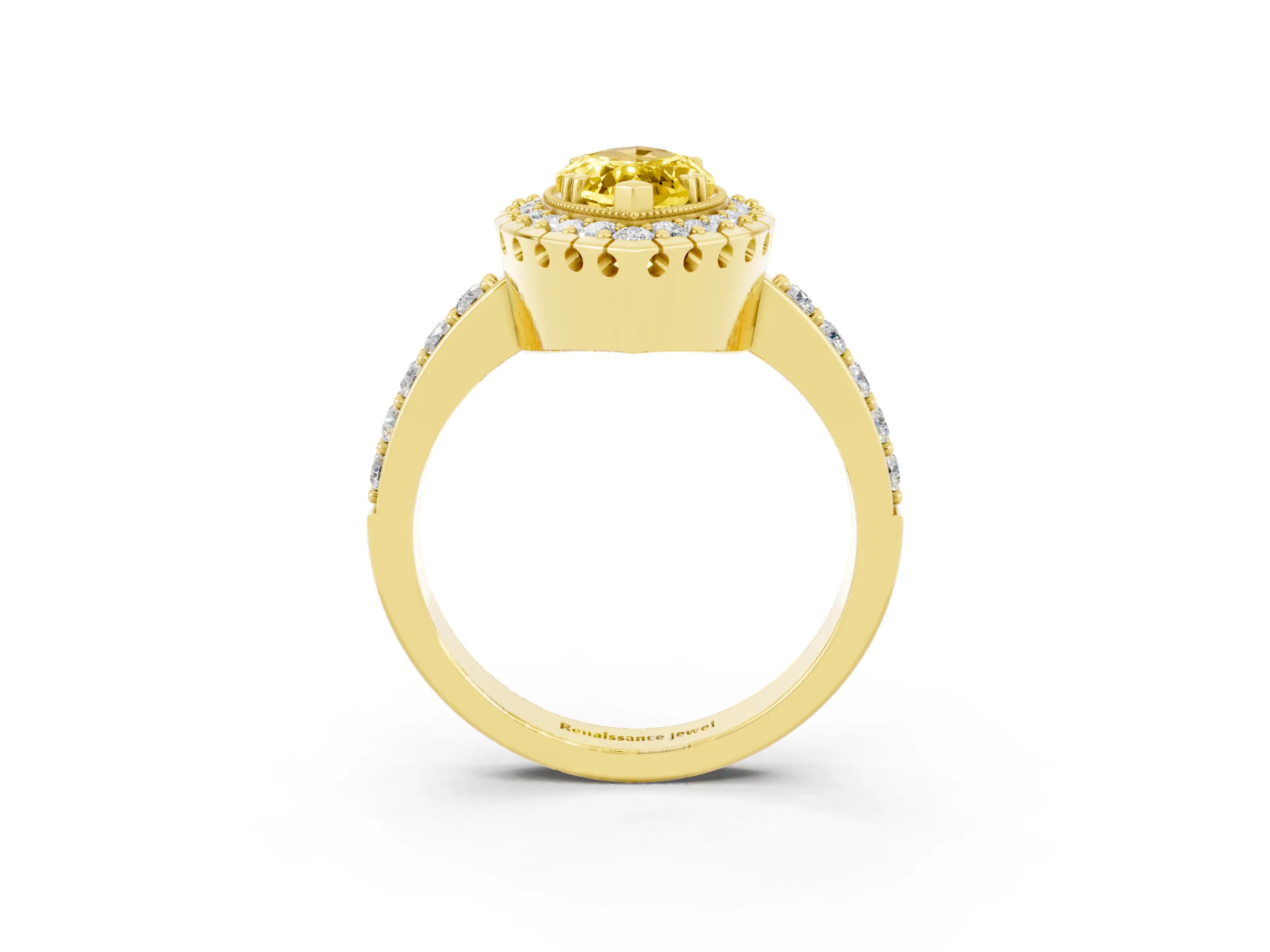 Yellow gold Marquise Cut Diamond Halo Ring with Pavé Band and Prong Setting_3