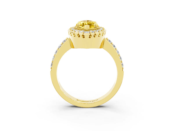 Yellow gold Marquise Cut Yellow Sapphire Halo Ring with Pavé Band and Prong Setting