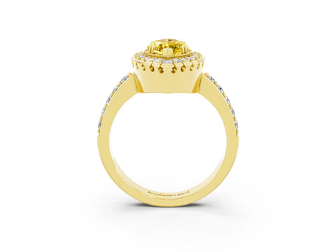 Yellow gold Marquise Cut Diamond Halo Ring with Pavé Band and Prong Setting_3