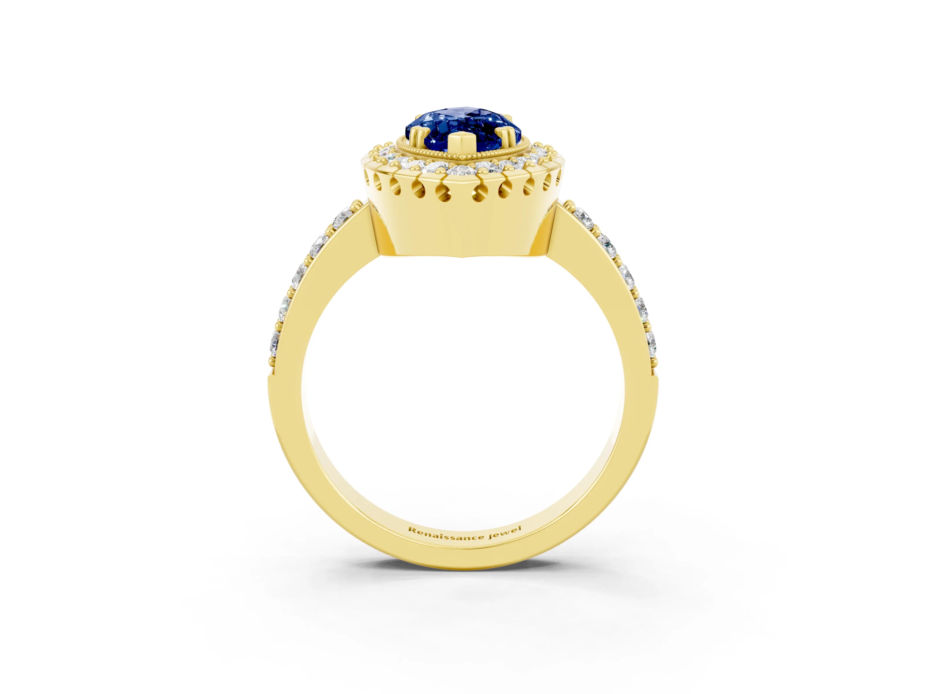 Yellow gold Marquise Cut Diamond Halo Ring with Pavé Band and Prong Setting_3