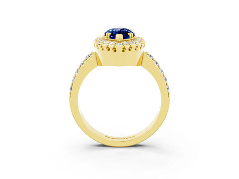 Yellow gold Marquise Cut Diamond Halo Ring with Pavé Band and Prong Setting_3