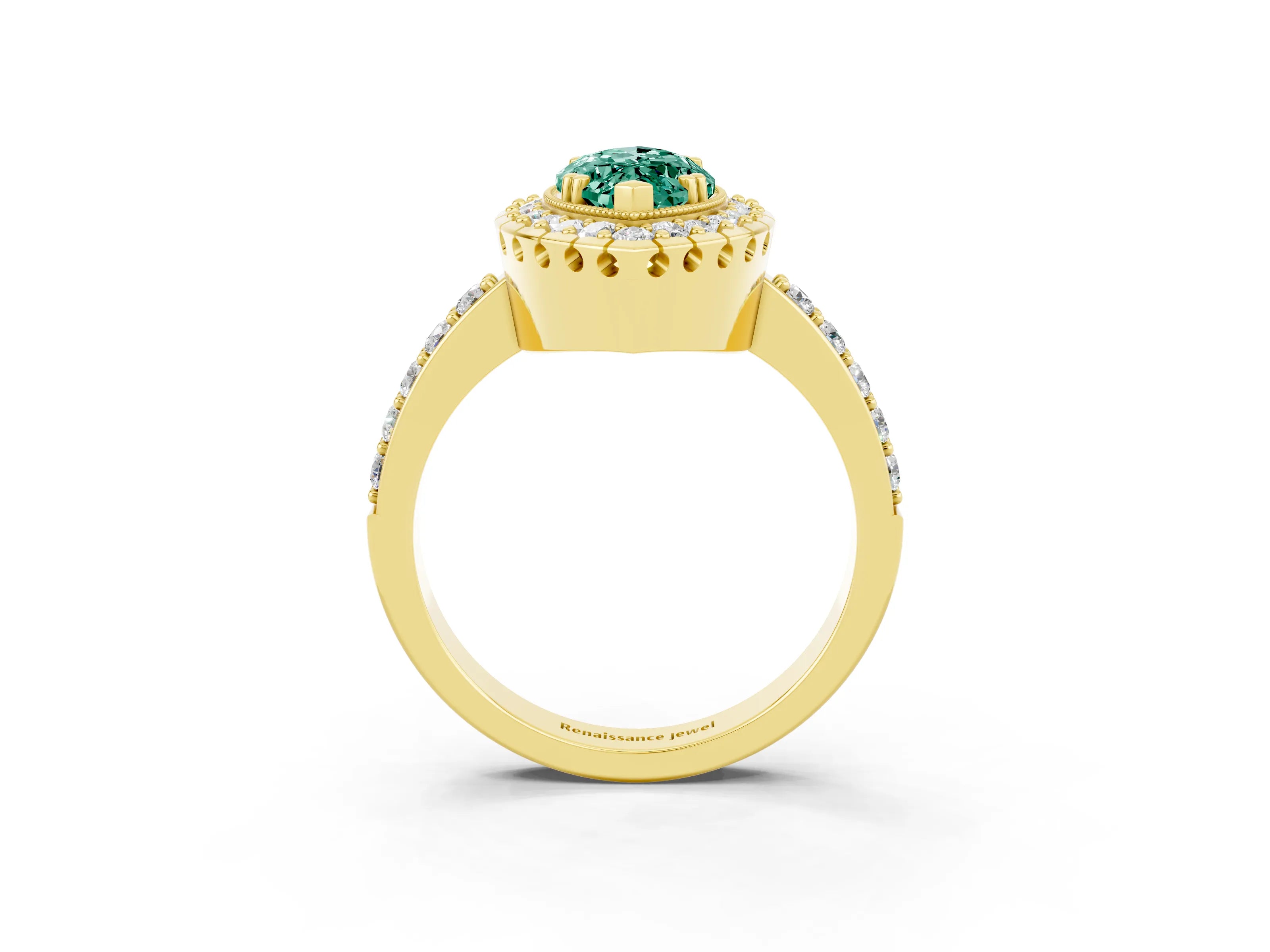 Yellow gold Marquise Cut Diamond Halo Ring with Pavé Band and Prong Setting_3