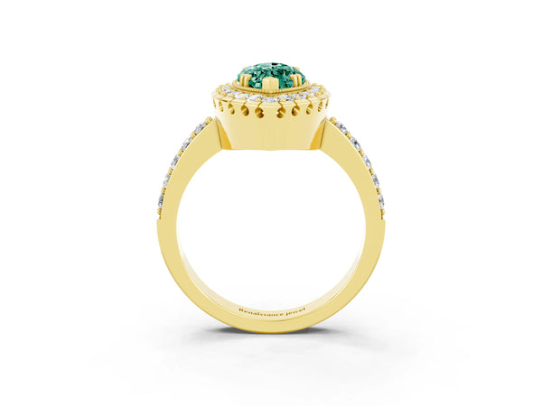 Yellow gold Marquise Cut Green Sapphire Halo Ring with Pavé Band and Prong Setting