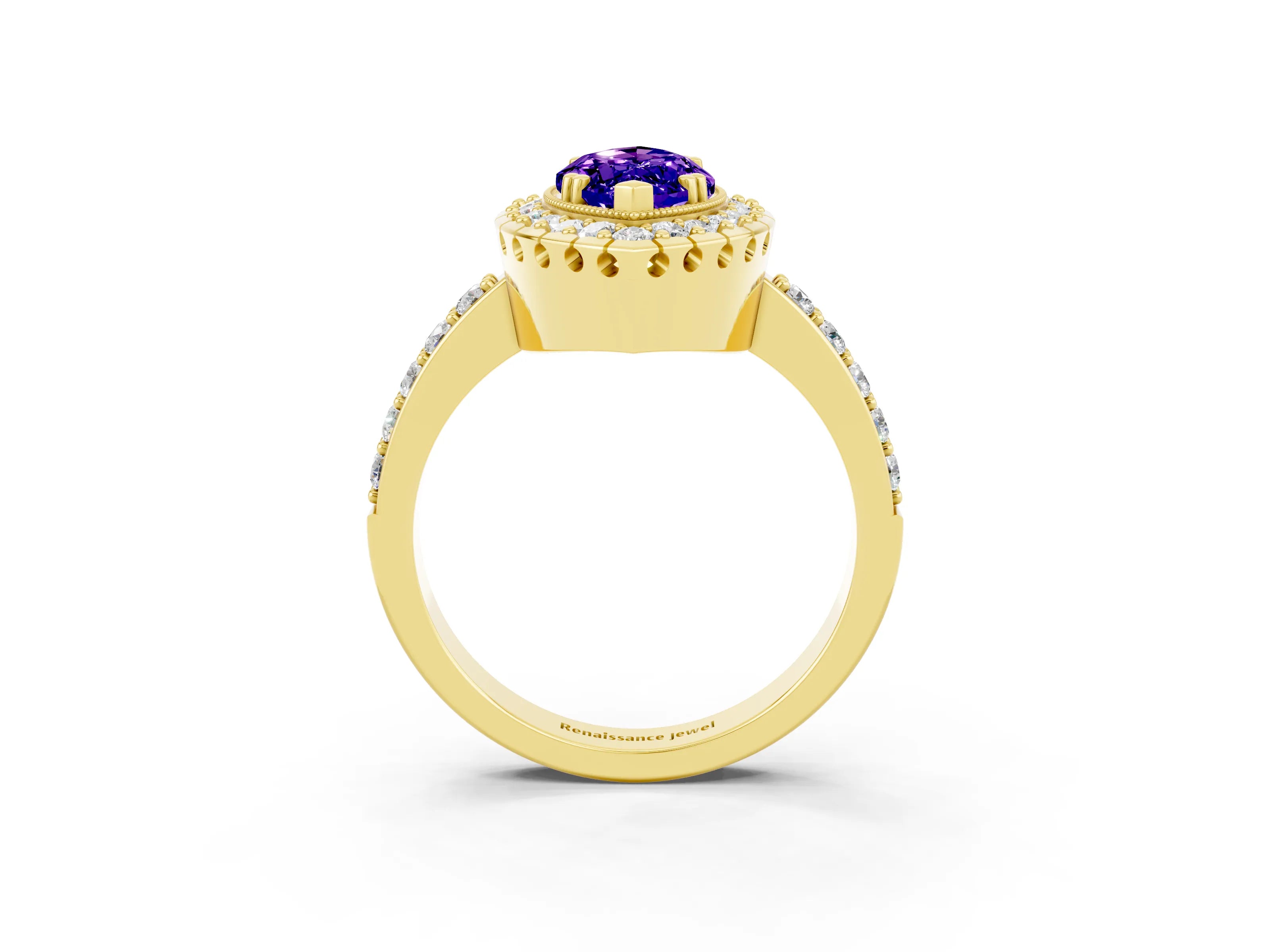 Yellow gold Marquise Cut Diamond Halo Ring with Pavé Band and Prong Setting_3