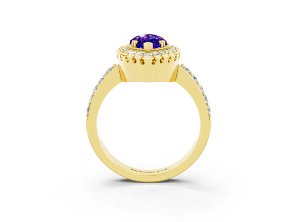 Yellow gold Marquise Cut Tanzanite Halo Ring with Pavé Band and Prong Setting