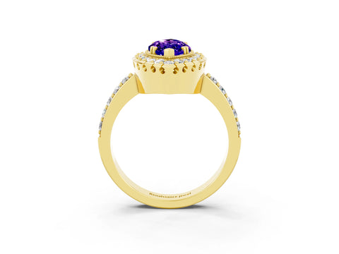 Yellow gold Marquise Cut Diamond Halo Ring with Pavé Band and Prong Setting_3