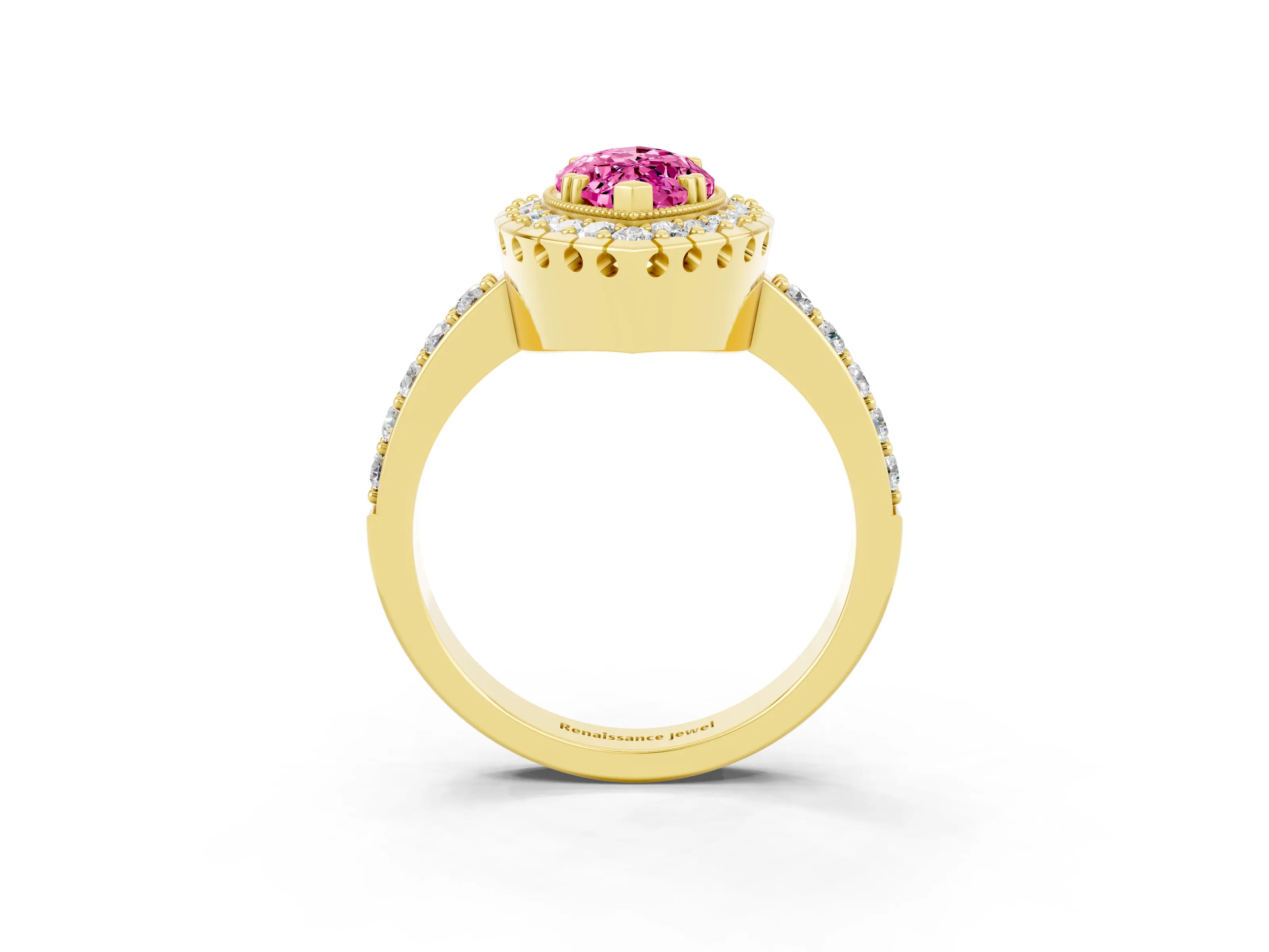 Yellow gold Marquise Cut Diamond Halo Ring with Pavé Band and Prong Setting_3