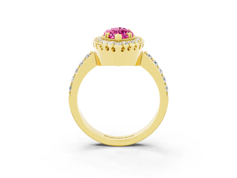 Yellow gold Marquise Cut Diamond Halo Ring with Pavé Band and Prong Setting_3
