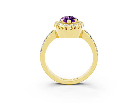Yellow gold Marquise Cut Diamond Halo Ring with Pavé Band and Prong Setting_3