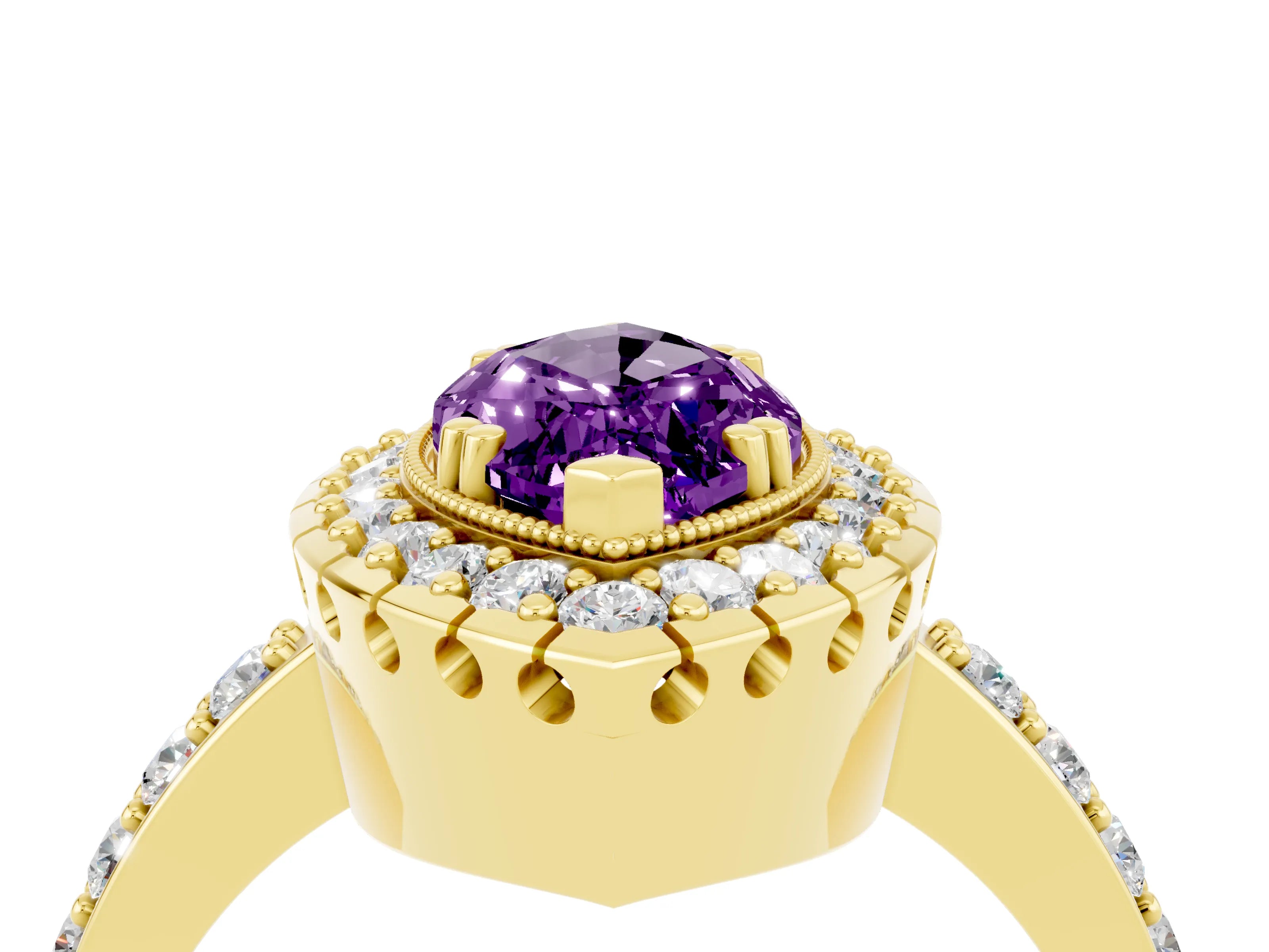 Yellow gold Marquise Cut Diamond Halo Ring with Pavé Band and Prong Setting_4
