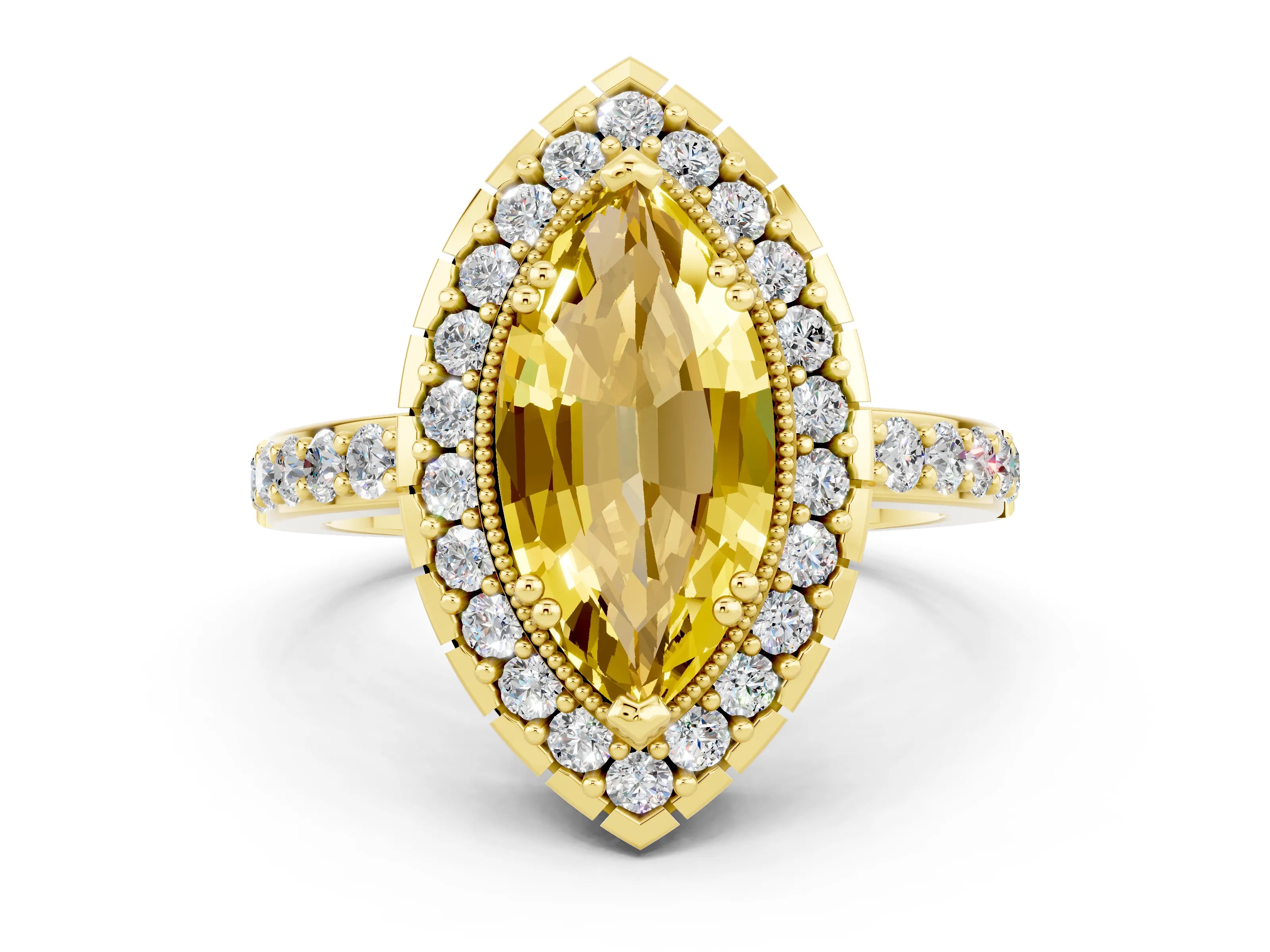 Yellow gold Marquise Cut Diamond Halo Ring with Pavé Band and Prong Setting