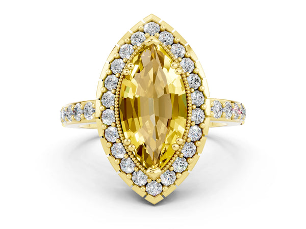 Yellow gold Marquise Cut Yellow Sapphire Halo Ring with Pavé Band and Prong Setting
