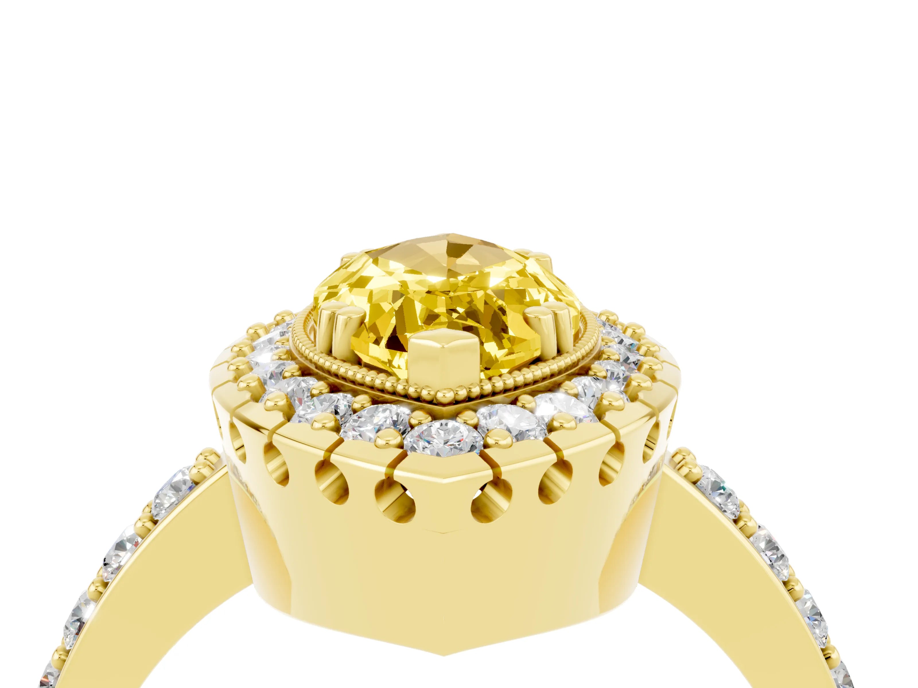 Yellow gold Marquise Cut Diamond Halo Ring with Pavé Band and Prong Setting_4