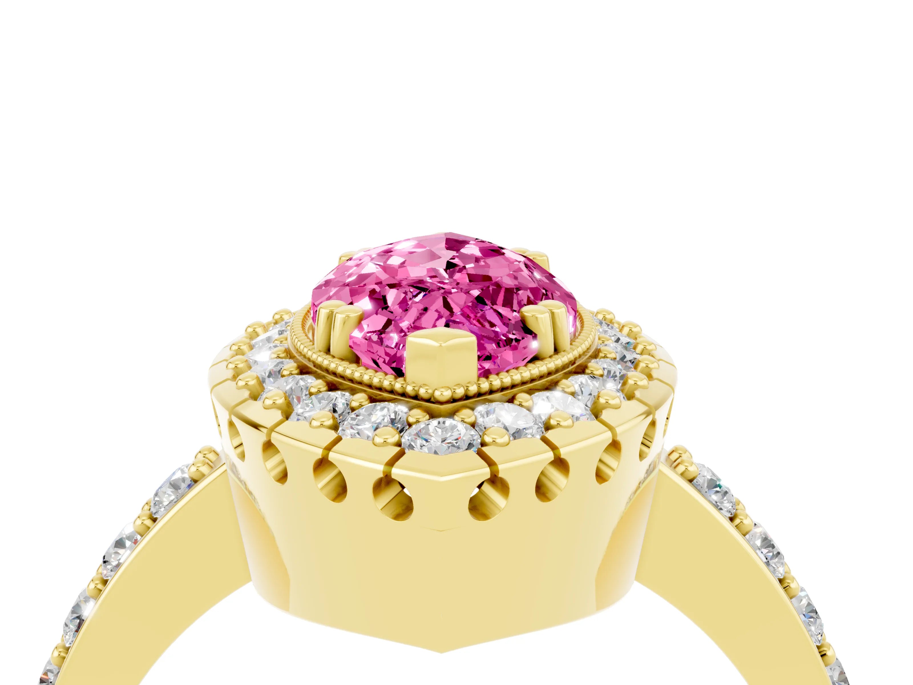 Yellow gold Marquise Cut Diamond Halo Ring with Pavé Band and Prong Setting_4