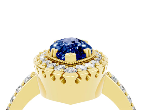 Yellow gold Marquise Cut Diamond Halo Ring with Pavé Band and Prong Setting_4
