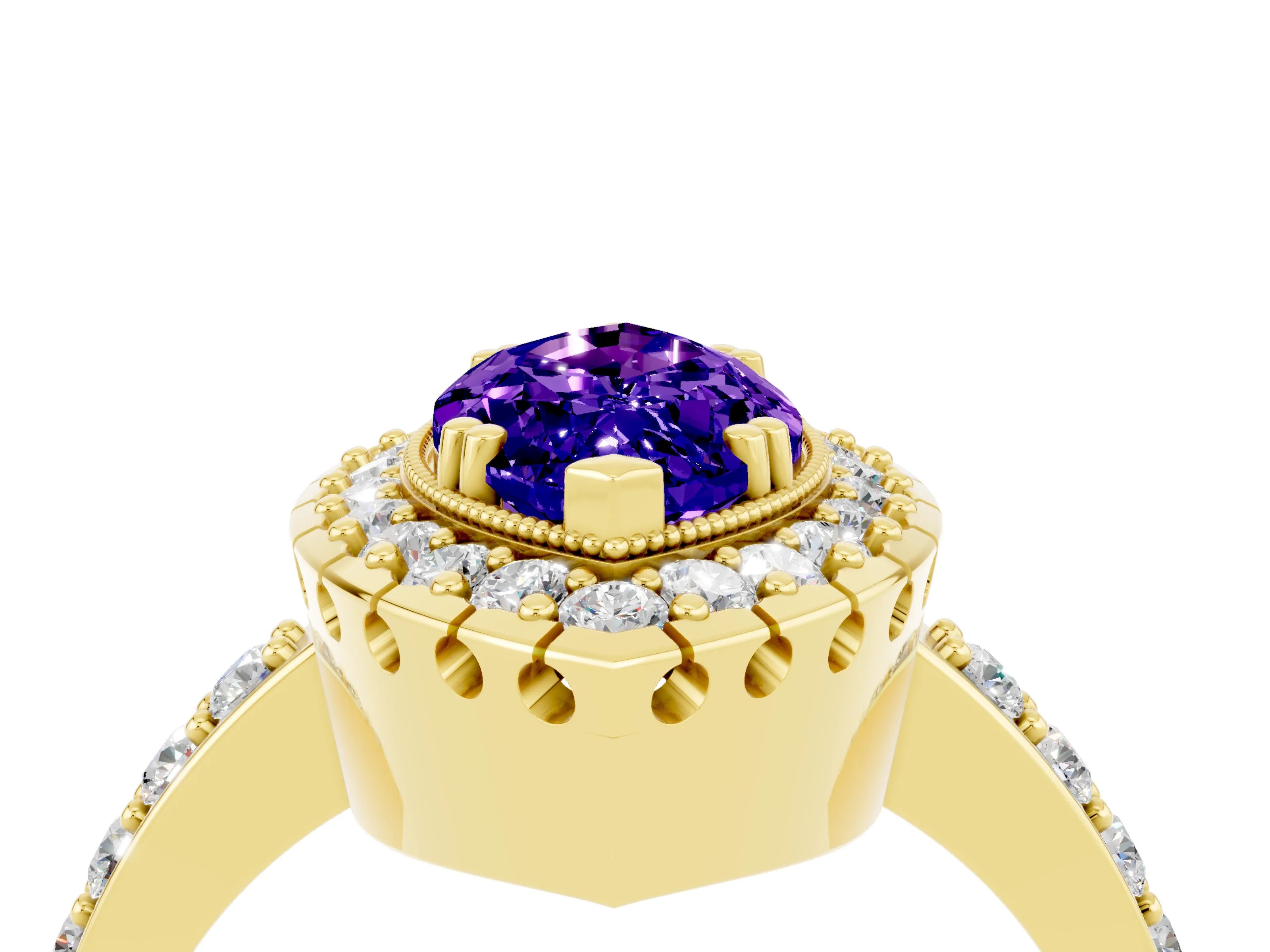 Yellow gold Marquise Cut Diamond Halo Ring with Pavé Band and Prong Setting_4