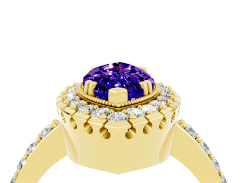 Yellow gold Marquise Cut Diamond Halo Ring with Pavé Band and Prong Setting_4