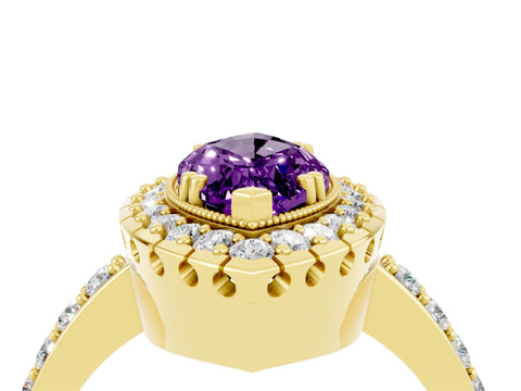 Yellow gold Marquise Cut Diamond Halo Ring with Pavé Band and Prong Setting_4