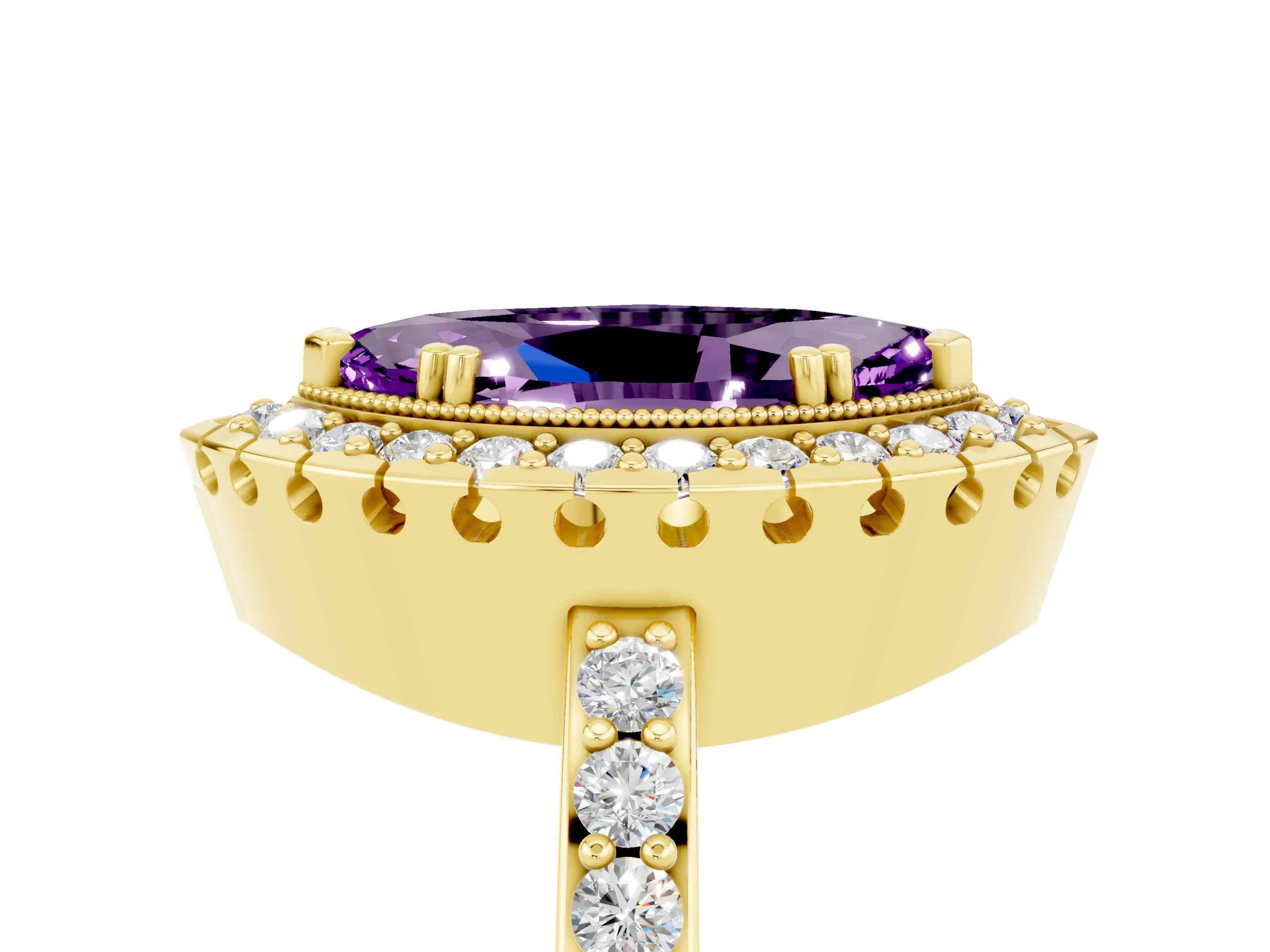 Yellow gold Marquise Cut Diamond Halo Ring with Pavé Band and Prong Setting_5
