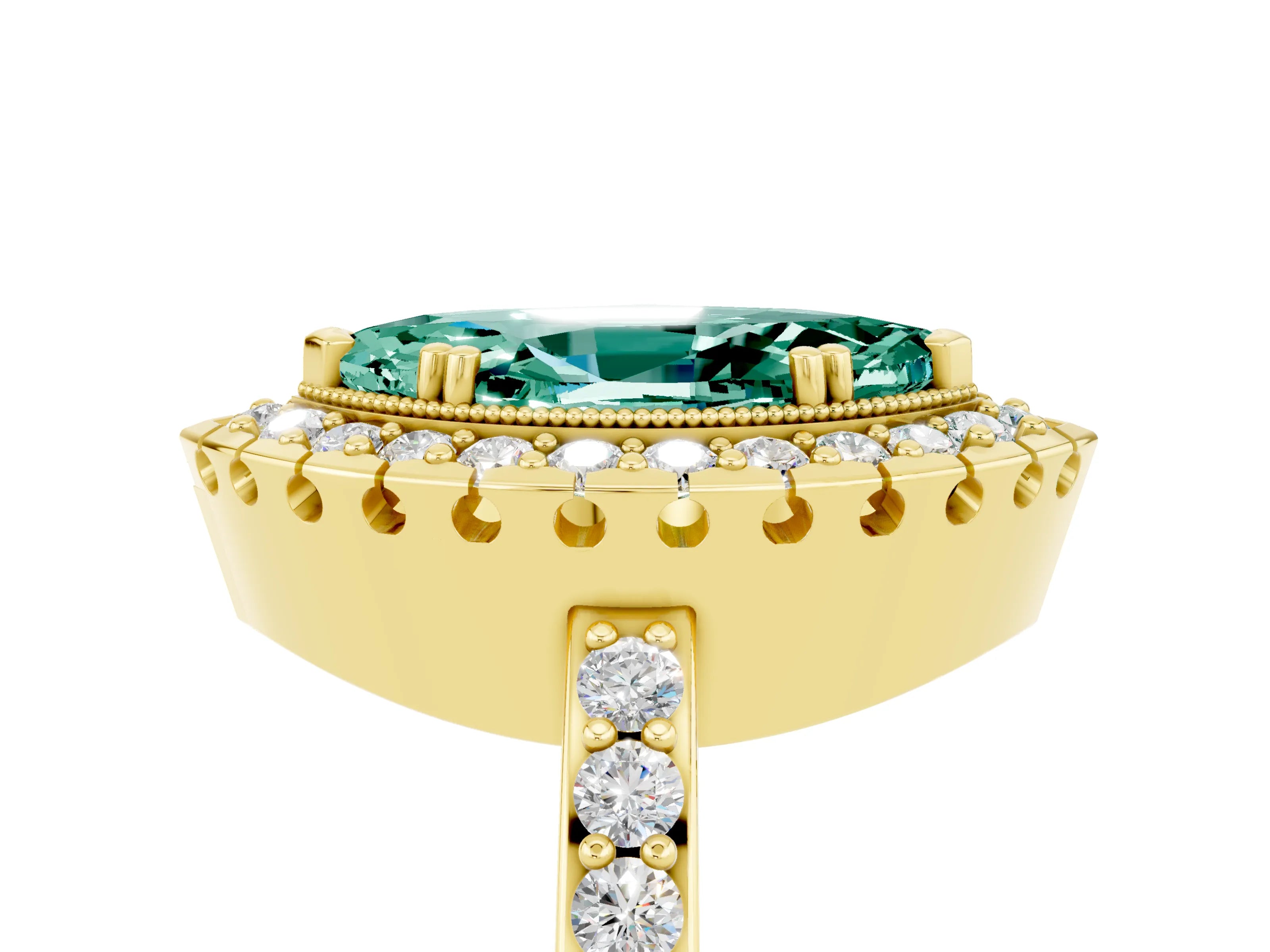 Yellow gold Marquise Cut Diamond Halo Ring with Pavé Band and Prong Setting_5