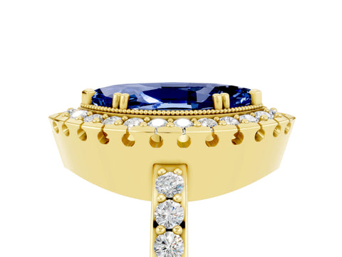 Yellow gold Marquise Cut Diamond Halo Ring with Pavé Band and Prong Setting_5