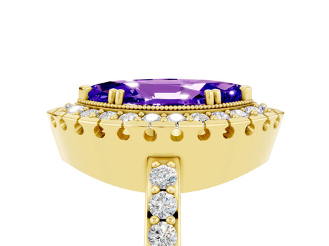 Yellow gold Marquise Cut Diamond Halo Ring with Pavé Band and Prong Setting_5