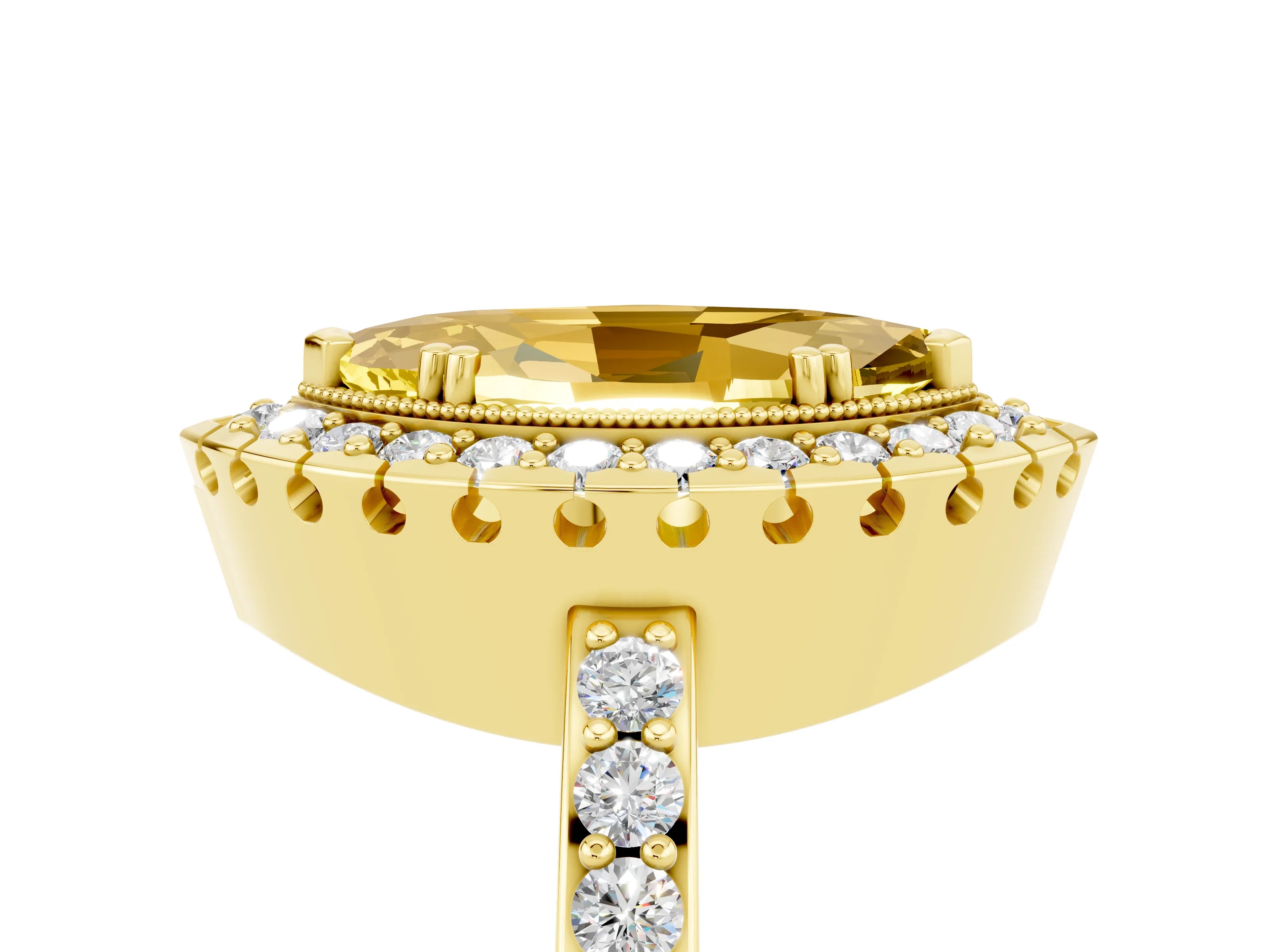 Yellow gold Marquise Cut Diamond Halo Ring with Pavé Band and Prong Setting_5