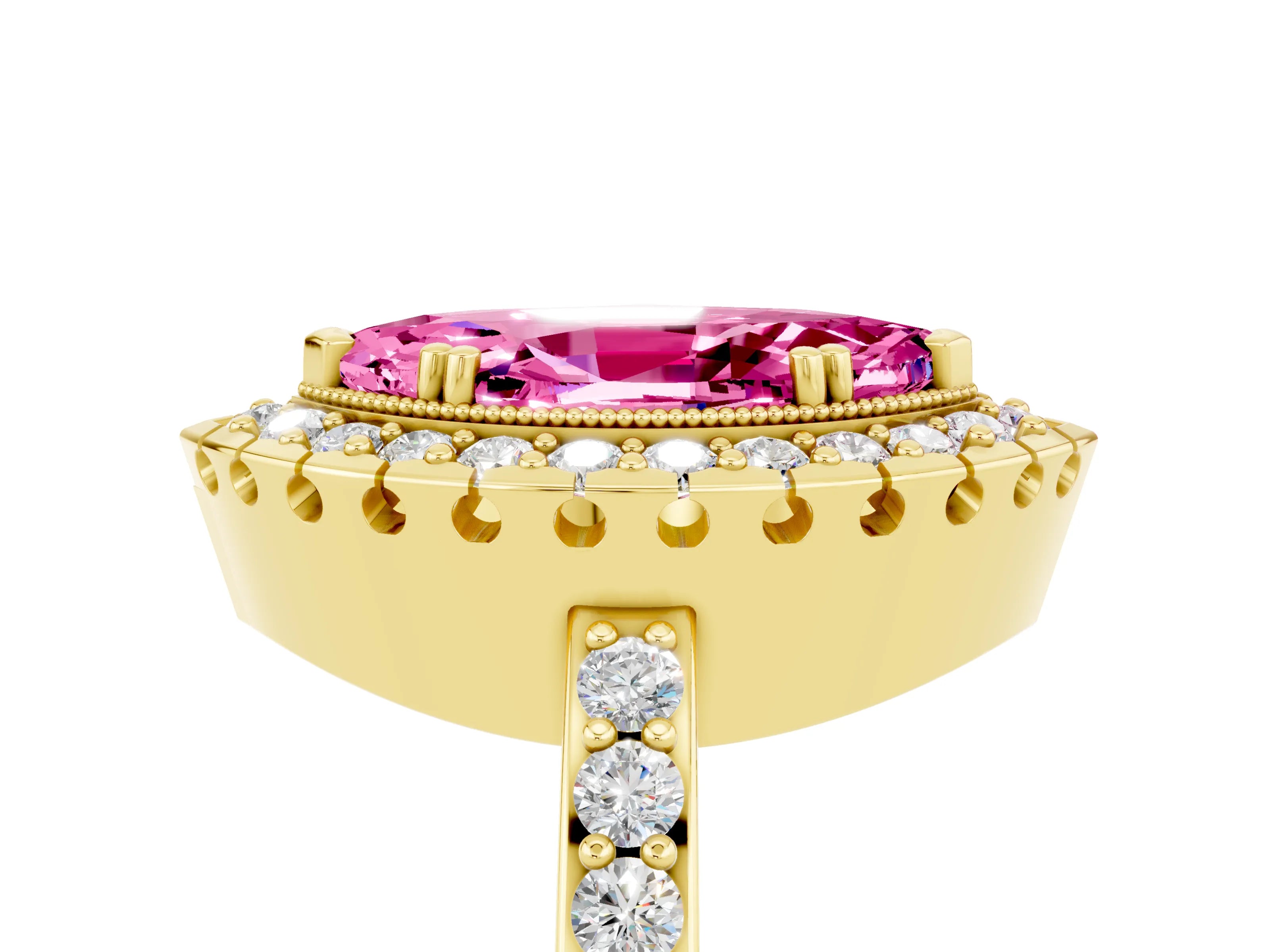 Yellow gold Marquise Cut Diamond Halo Ring with Pavé Band and Prong Setting_5