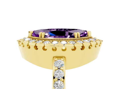 Yellow gold Marquise Cut Diamond Halo Ring with Pavé Band and Prong Setting_5