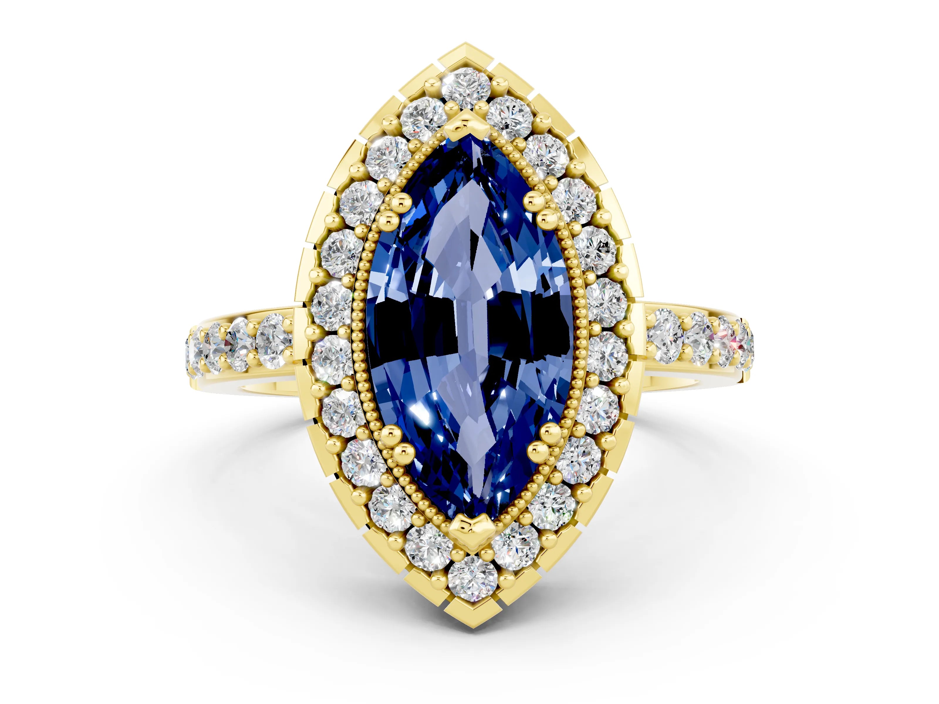Yellow gold Marquise Cut Diamond Halo Ring with Pavé Band and Prong Setting