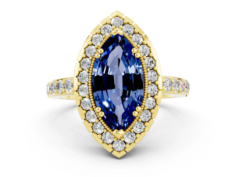 Yellow gold Marquise Cut Diamond Halo Ring with Pavé Band and Prong Setting